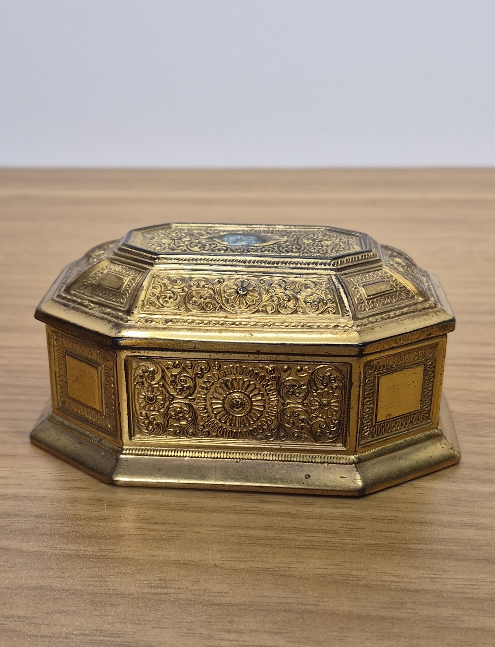 Vintage Ornate Brass Jewelry Box Red Velvet Octagon